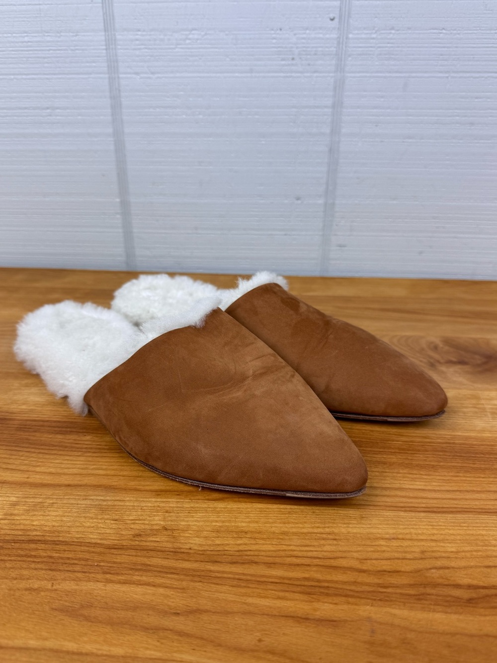 Jenni Kayne Laurel Shearling Lined Mules Walnut Suede Pointed Toe Slip On 38 - Picture 3 of 5